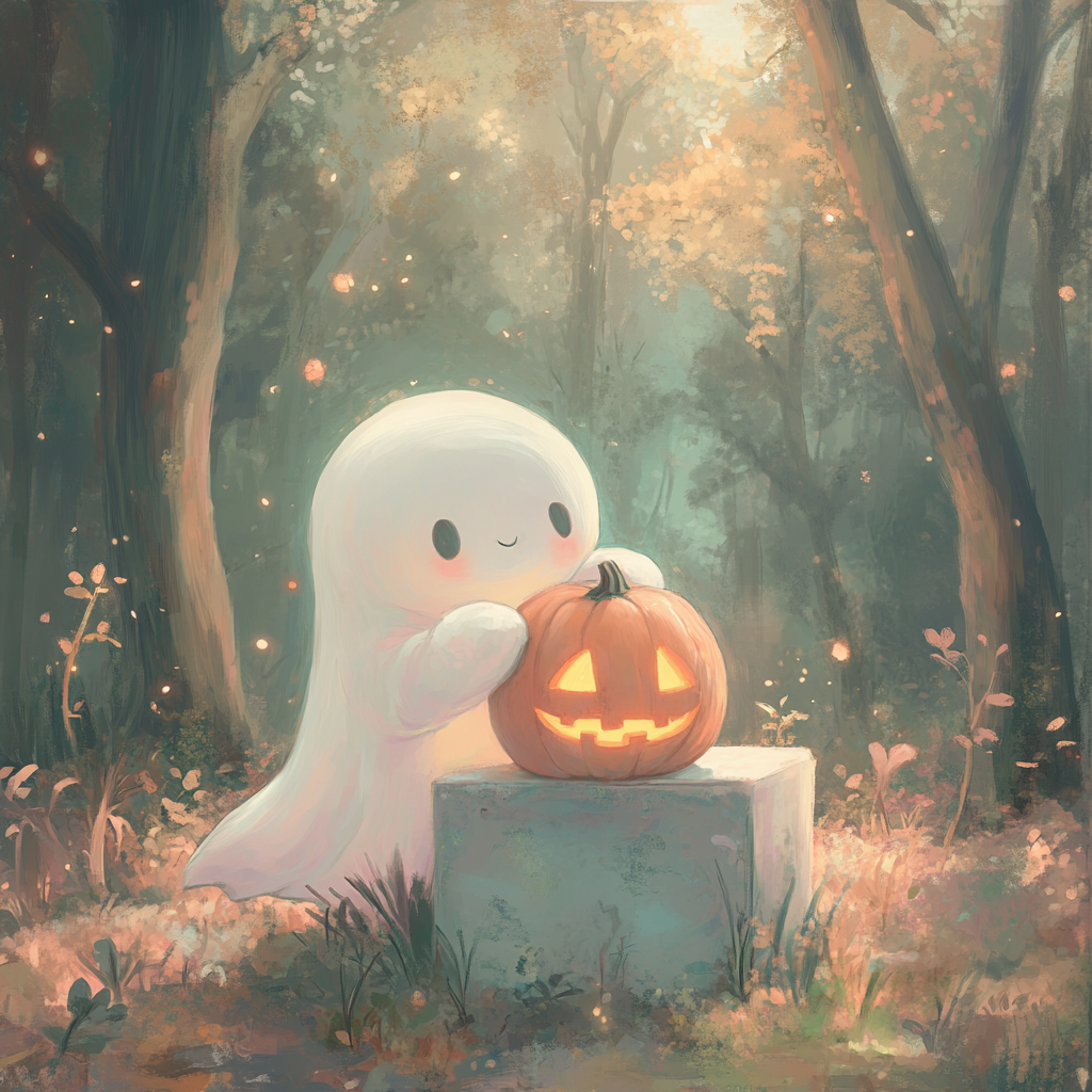 Cute ghost holding a pumpkin on gravestone at twilight.