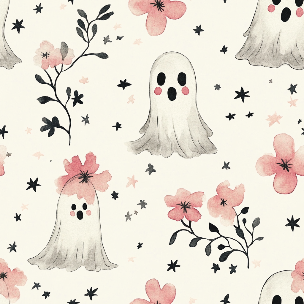 Cute ghost with flowers on head, stars, pink, black.