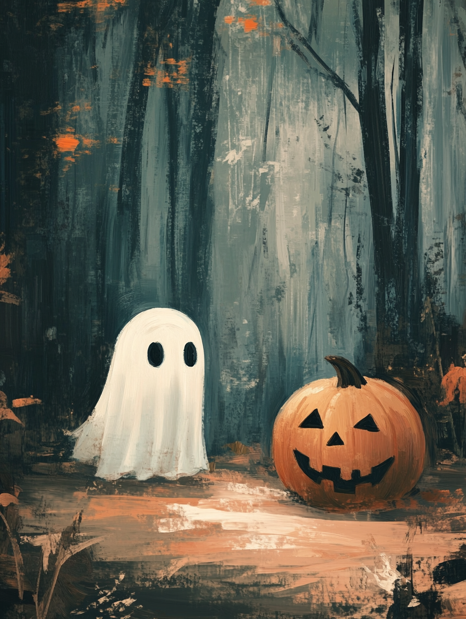 Cute ghost with pumpkin in dark autumn forest, oil painting.