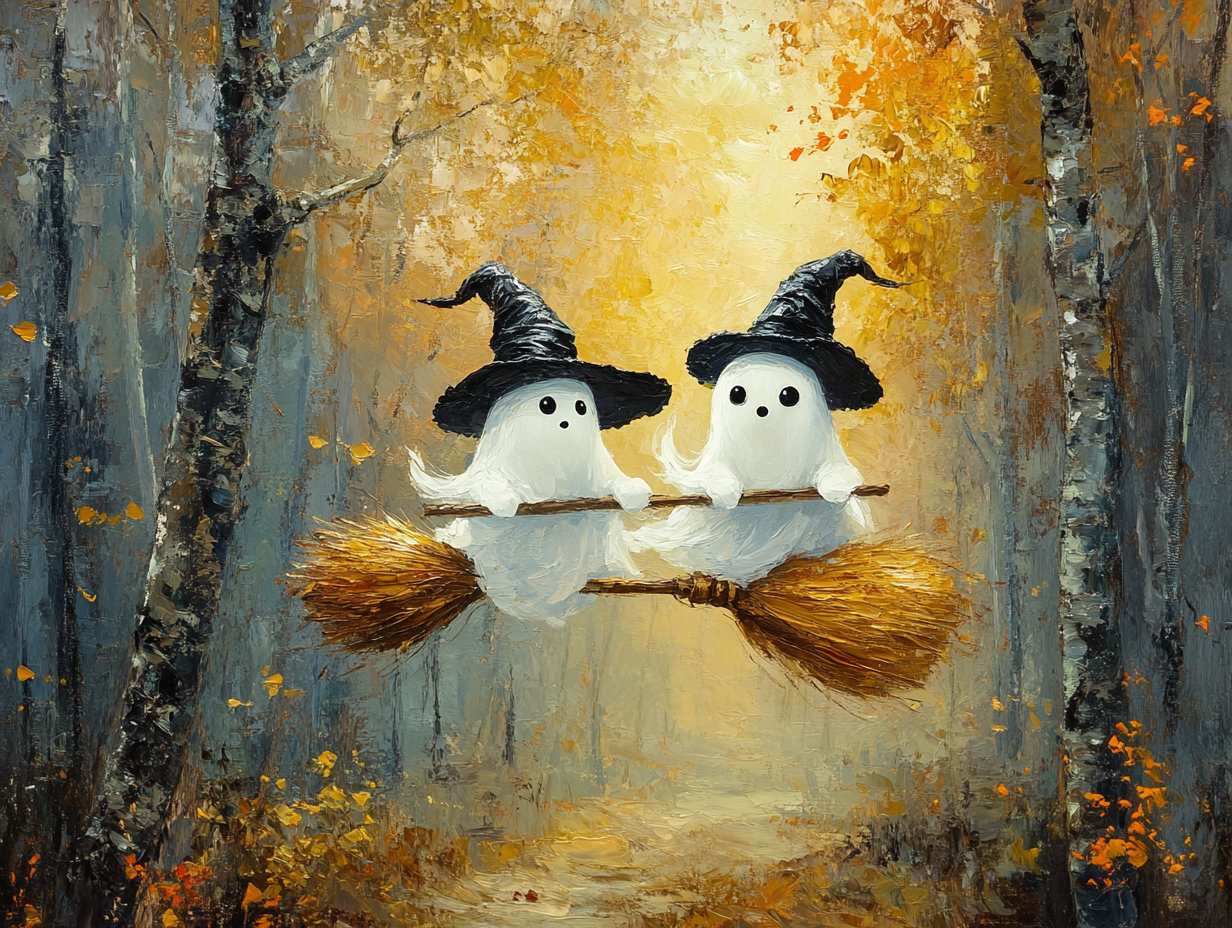 Cute ghosts in witch hats flying on broomstick 