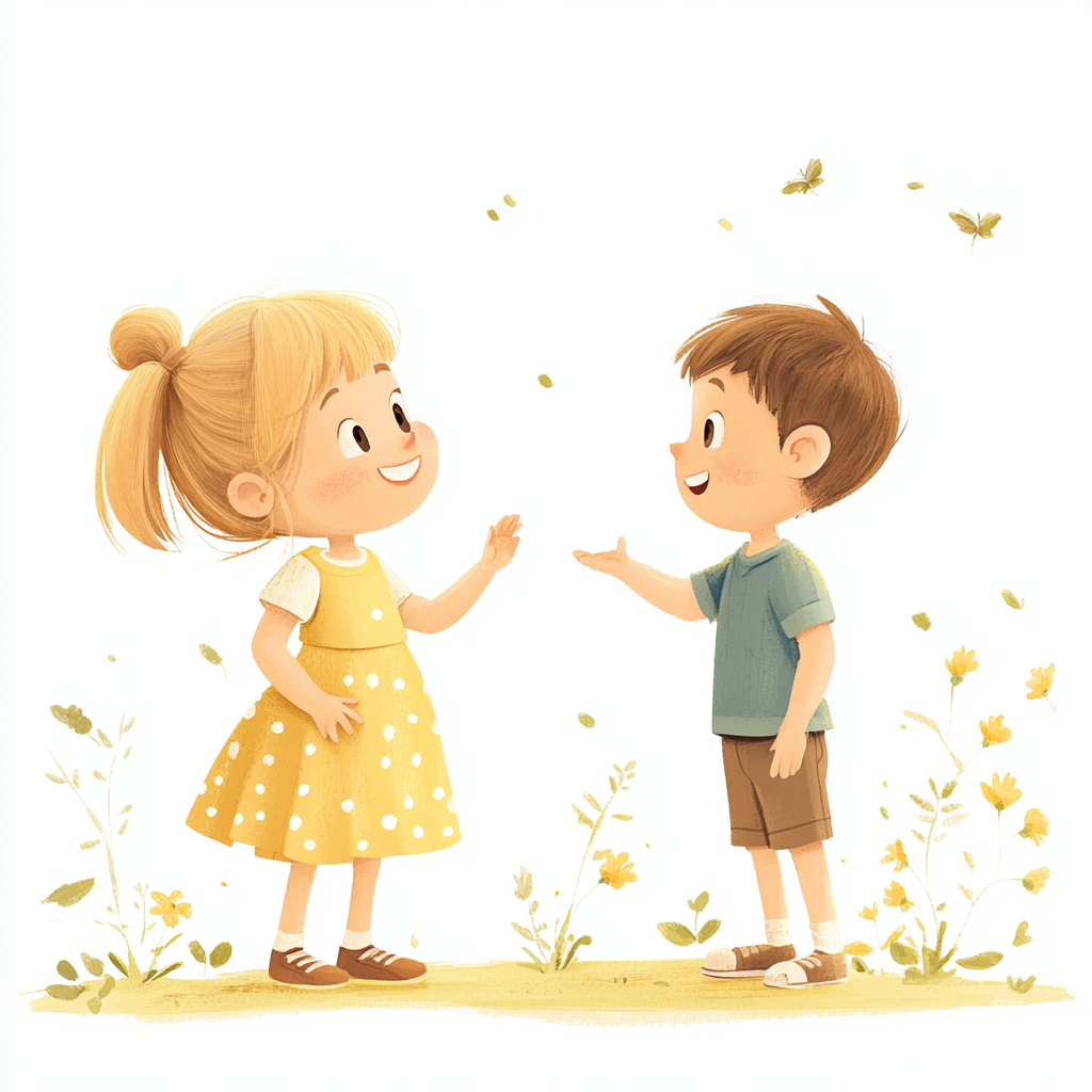 Cute girl and boy talking in spring setting, 3D 