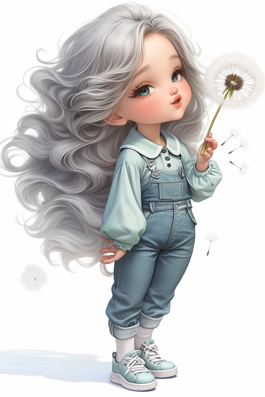 Cute girl blowing dandelion in silver outfit