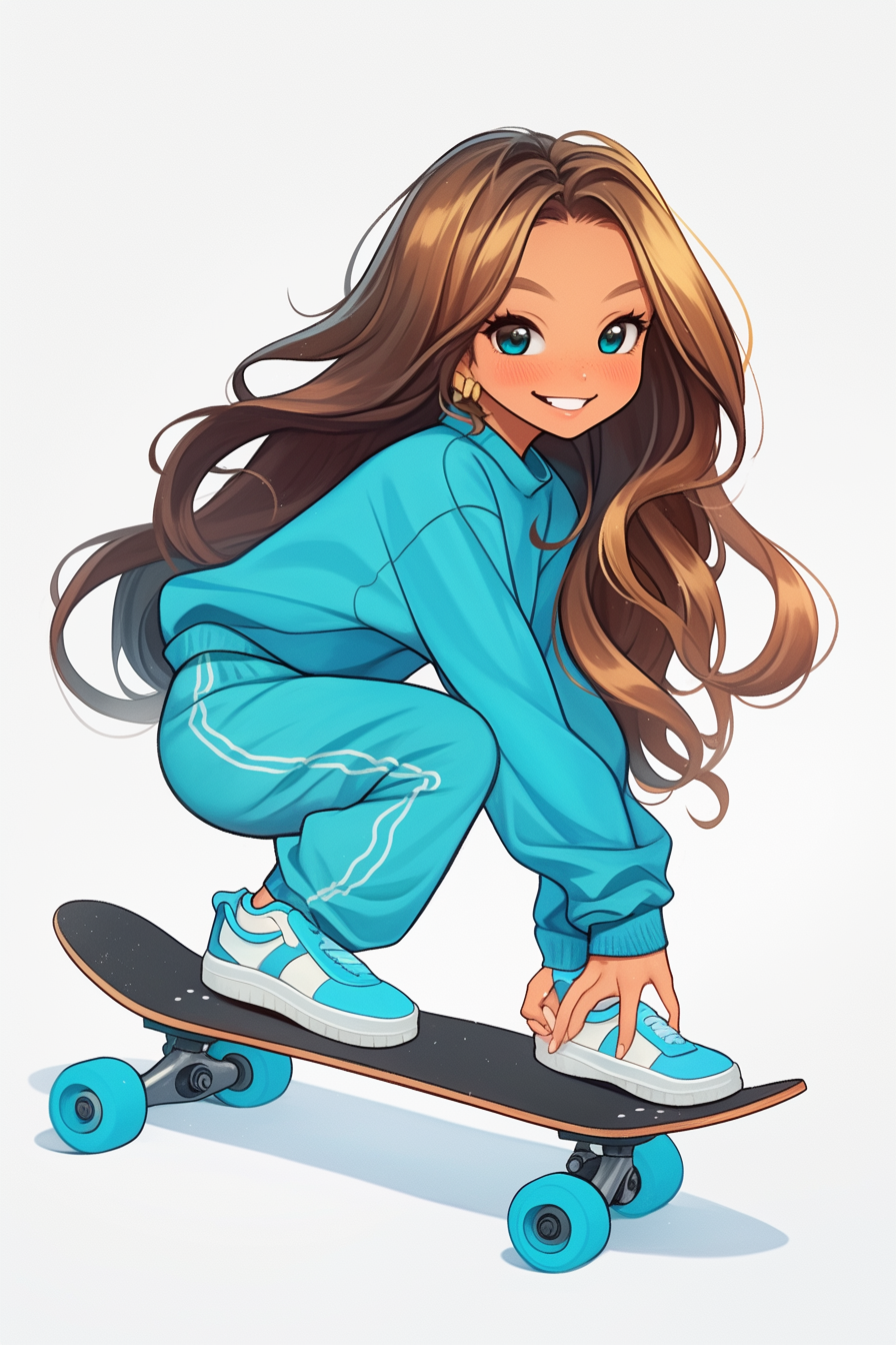 Cute girl in Armani tracksuit skateboarding