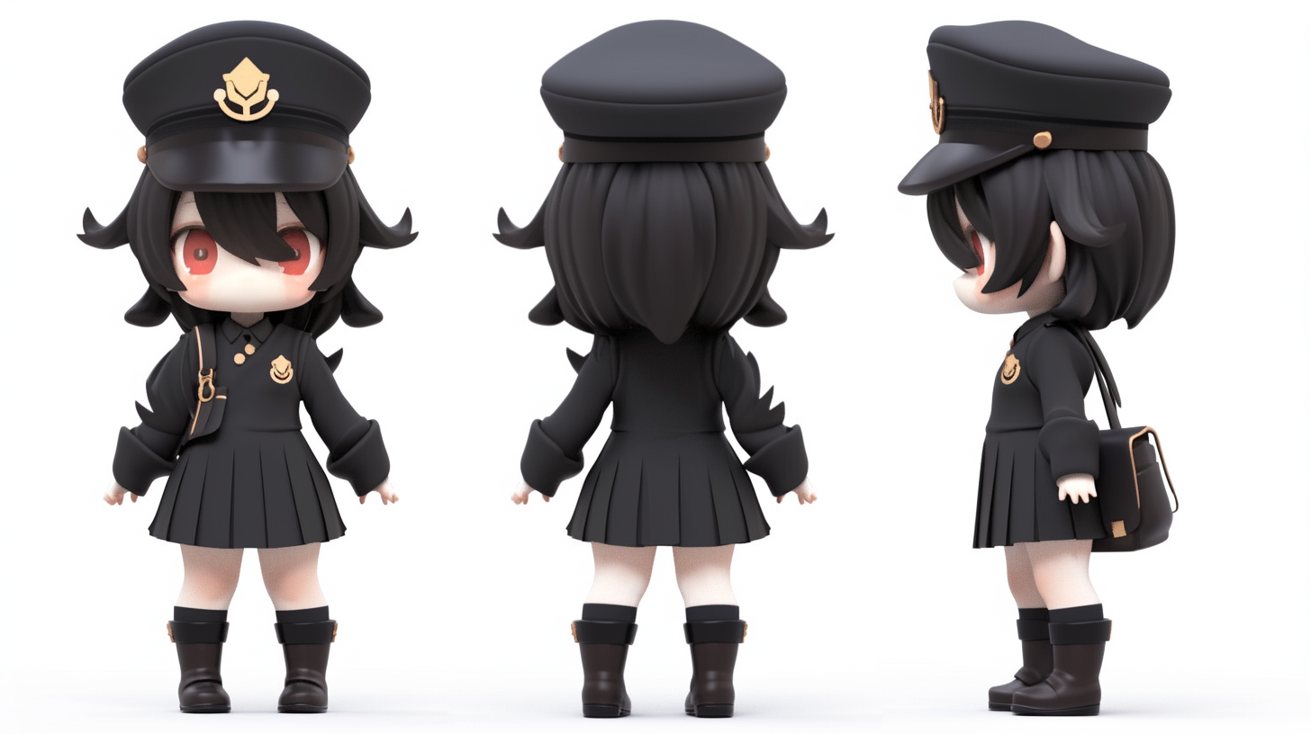 Cute girl in black uniform with police hat.