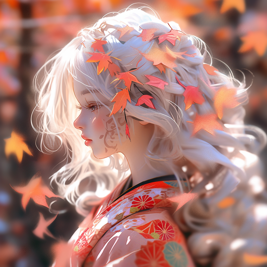 Cute girl with white hair in kimono, 3D animation.