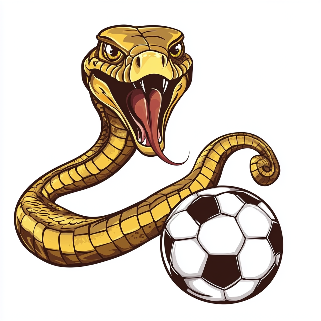 Cute gold cobra hitting soccer ball cartoon