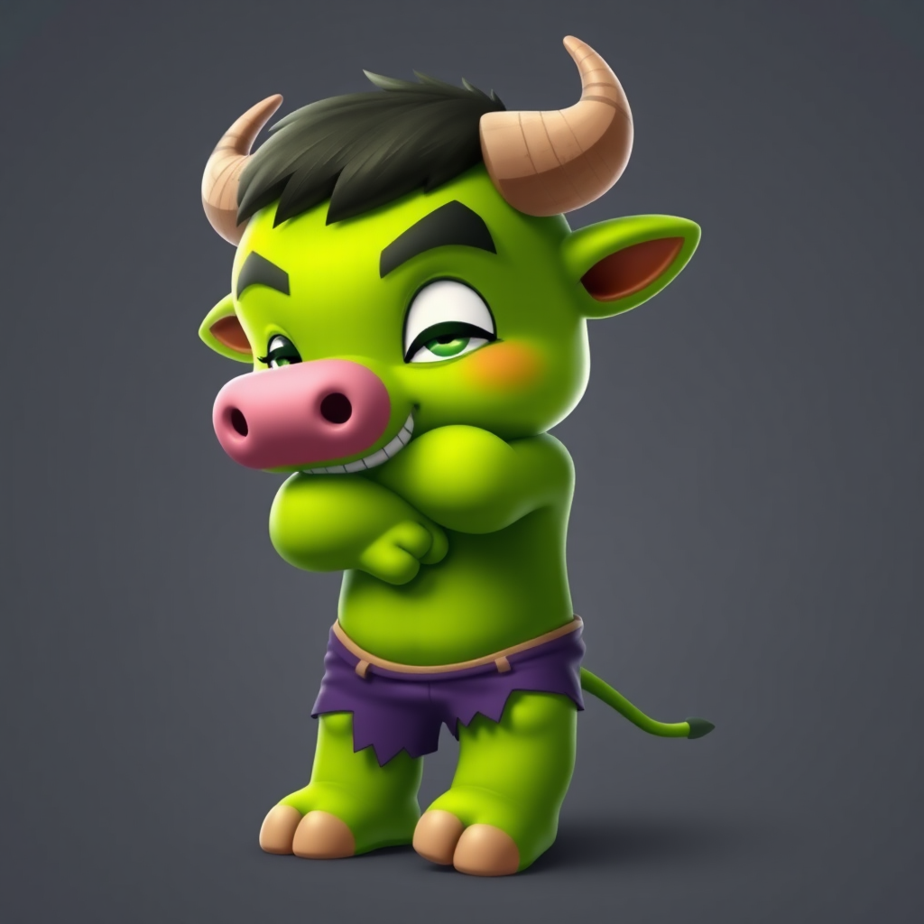 Cute green bull in torn purple pants.