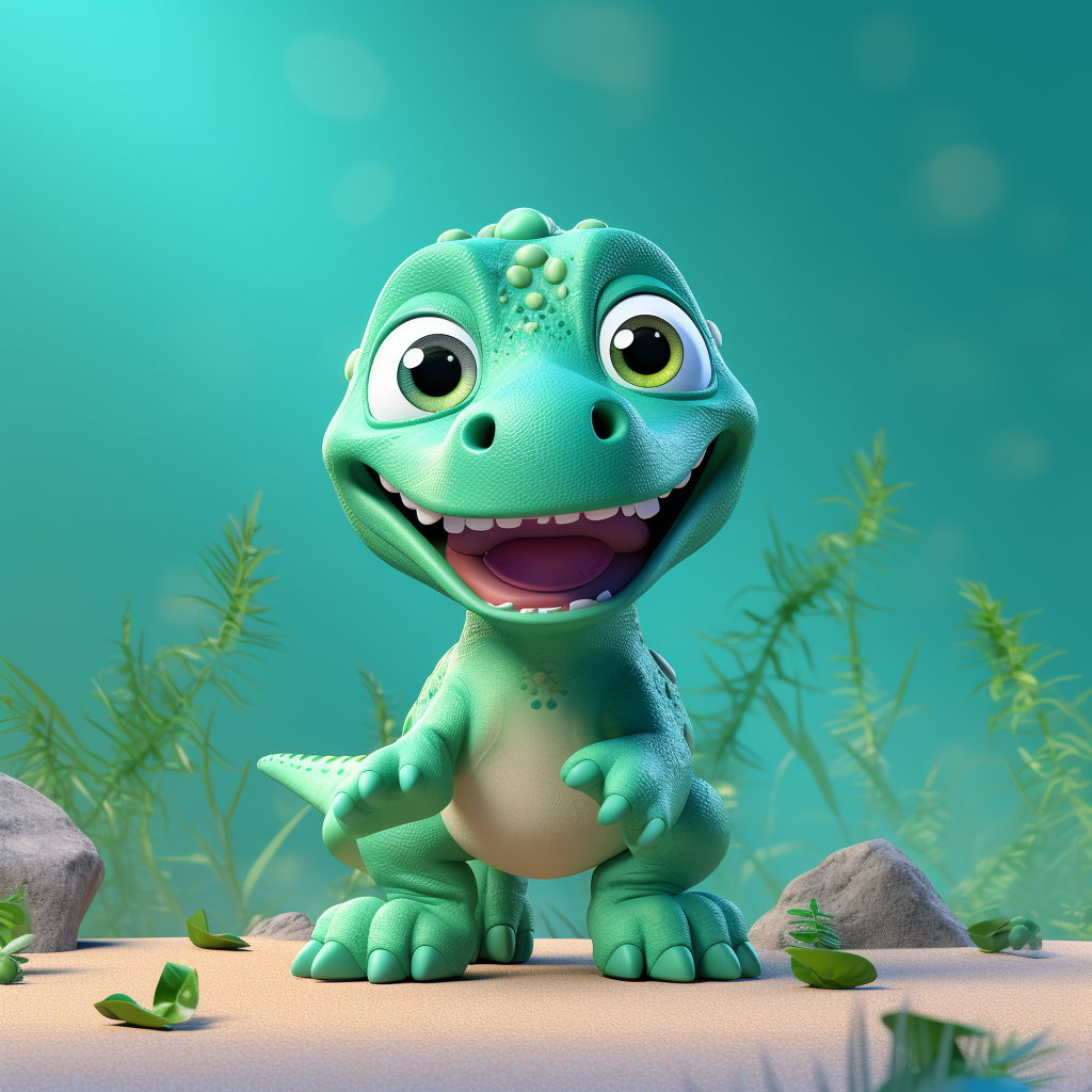 Cute green dinosaur in clay animation, with big eyes.