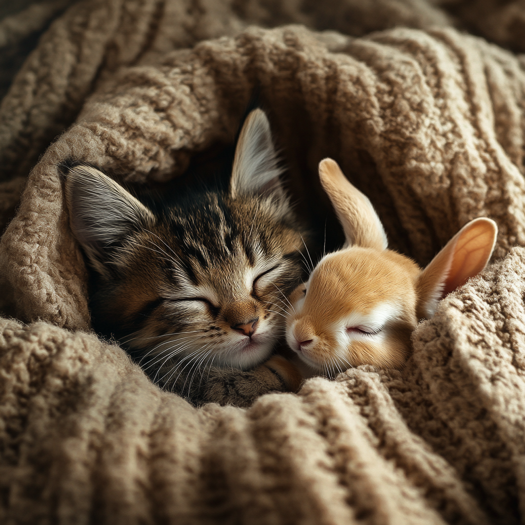 Cute kitten cuddling baby bunny in cozy room.