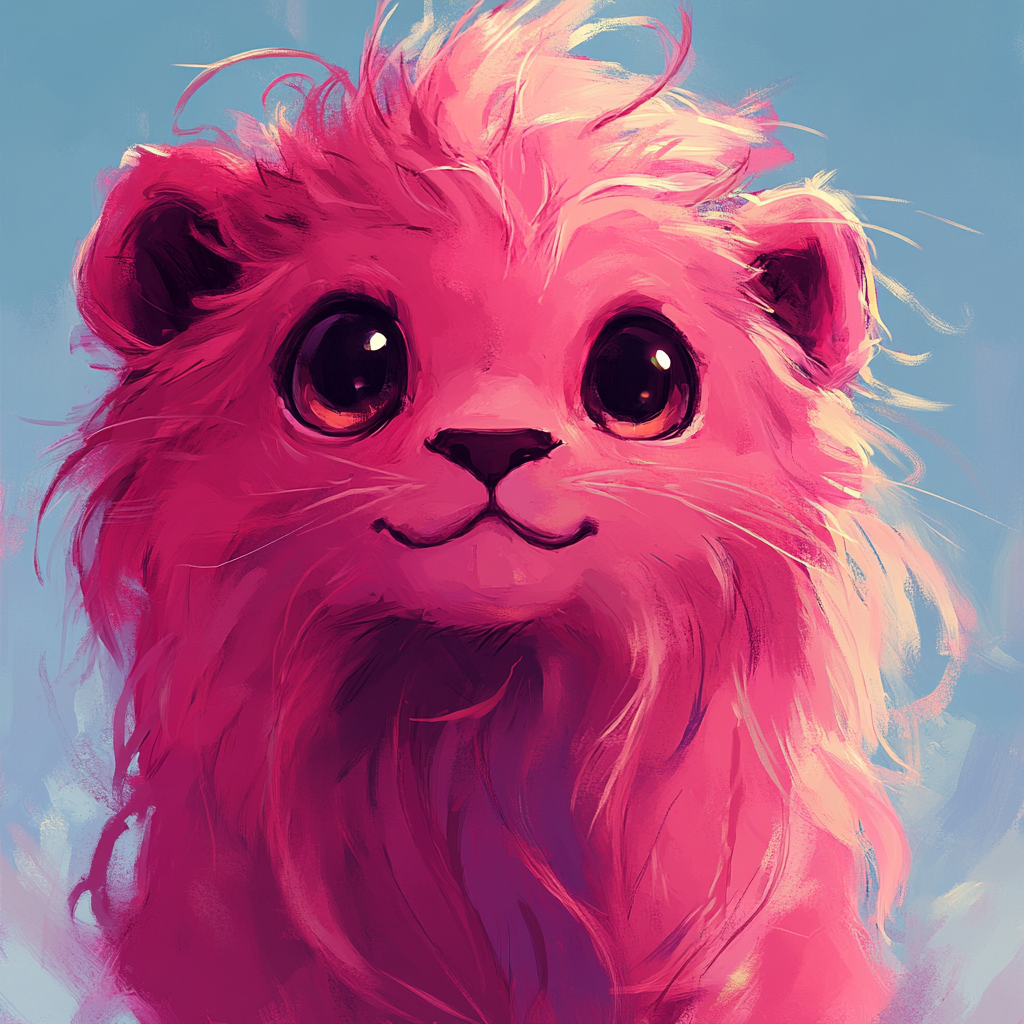 Cute lion character design with long pink hair.