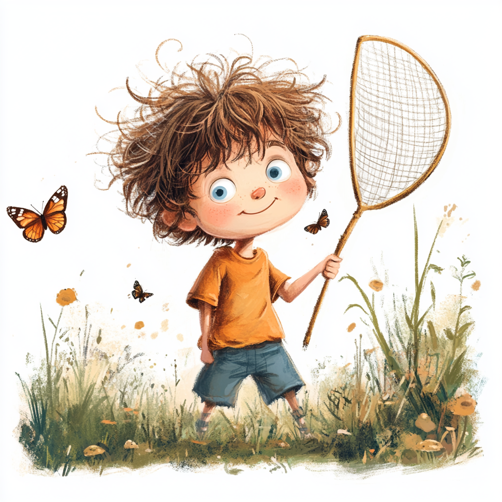 Cute little boy with messy hair catches butterflies.