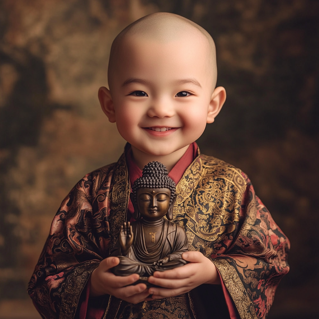 Cute monk holds bronze Buddha, smiles for camera.