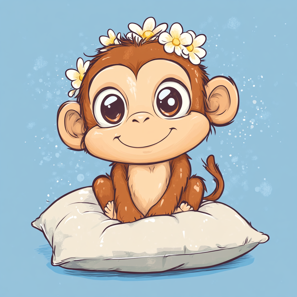 Cute orangutan on pillow with big eyes and flowers.