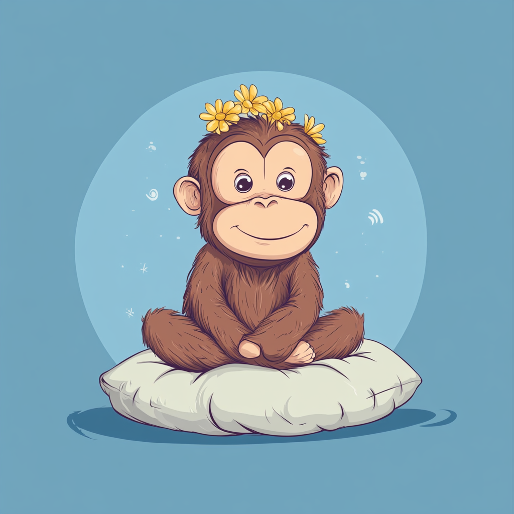 Cute orangutan with flowers on head sitting on pillow.