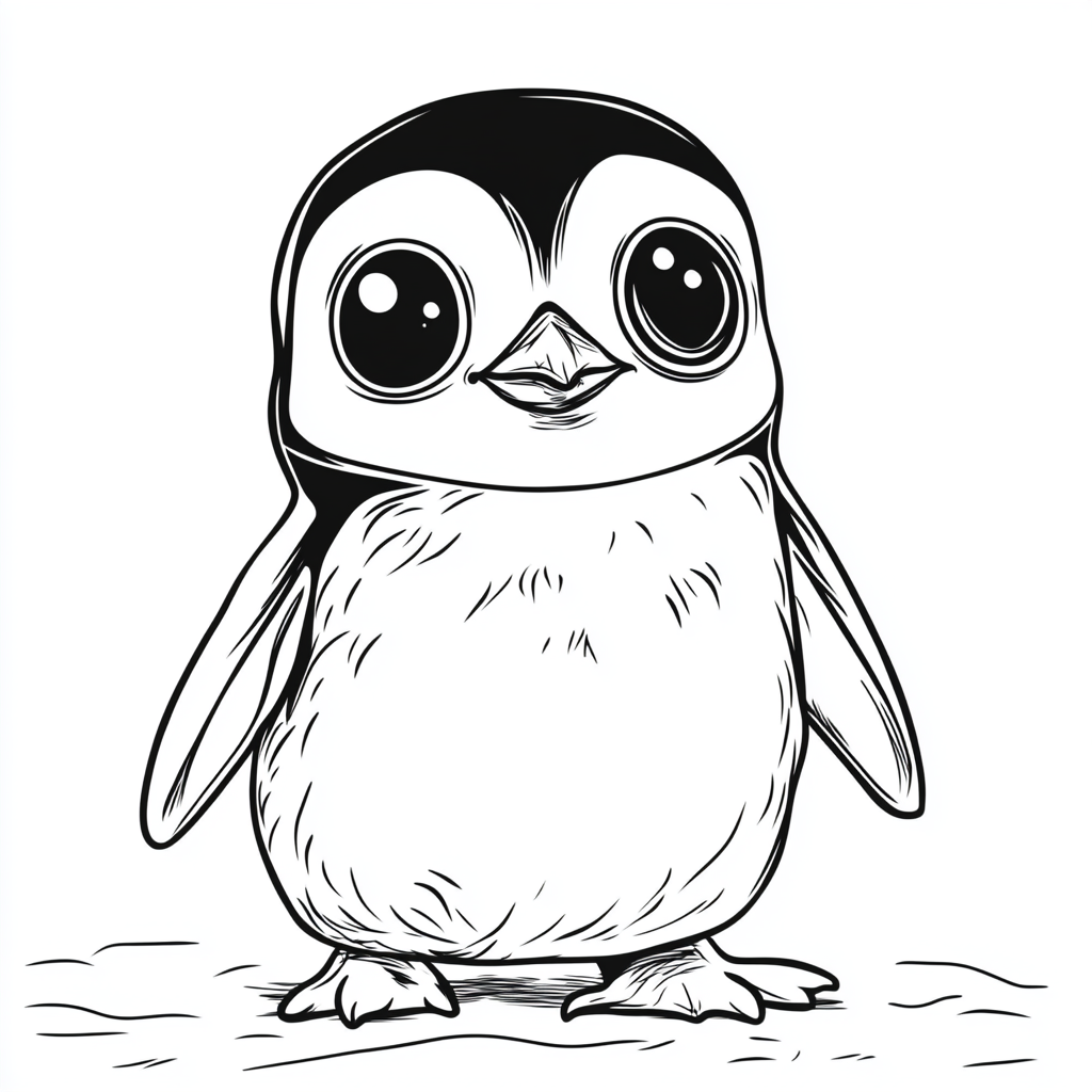 Cute penguin with oversized head, round body, large eyes.