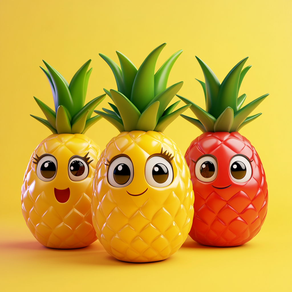 Cute pineapple characters with big eyes and smiles.