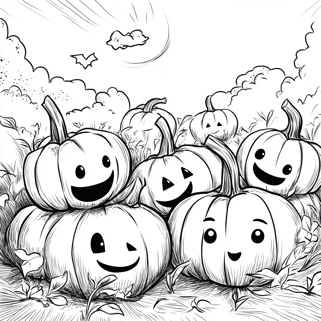 Cute pumpkin family in patch, sunny sky, smiling faces.