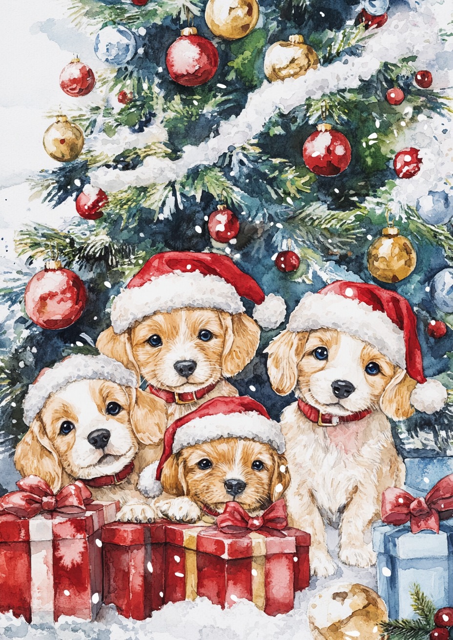 Cute puppies in Santa hats by Christmas tree