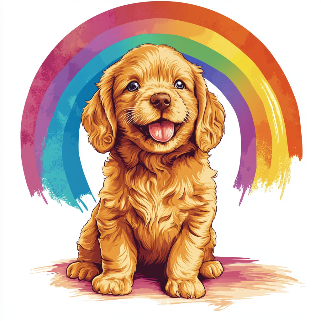 Cute puppy getting groomed with rainbow background circle.