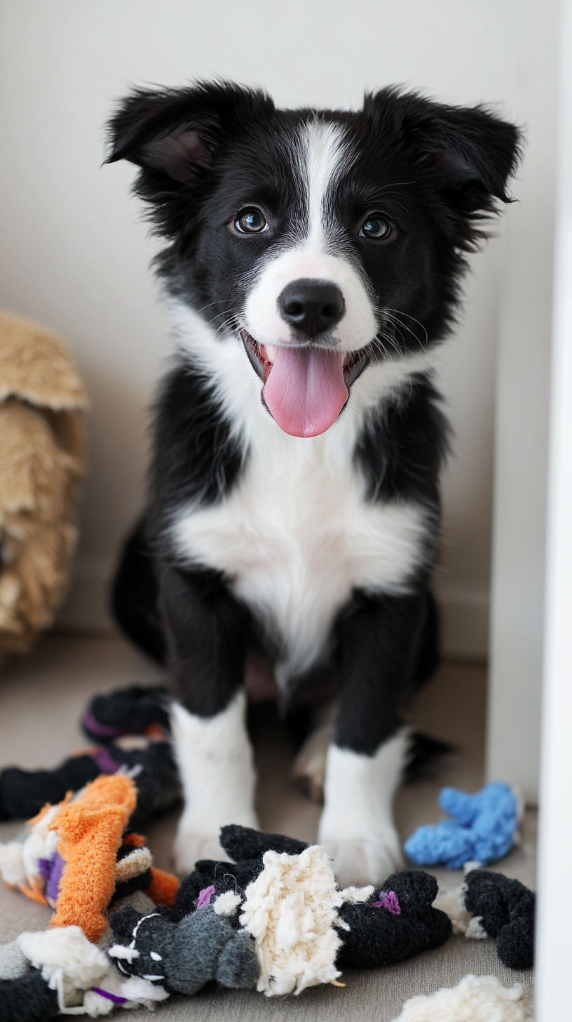 Cute puppy with toys, tongue out, smiling for camera.