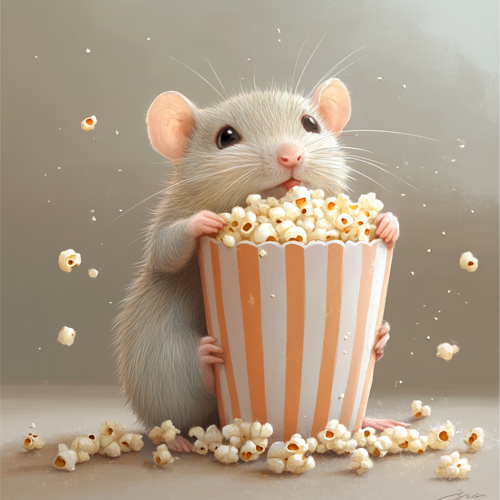 Cute rat sitting by popcorn cup, children's book.