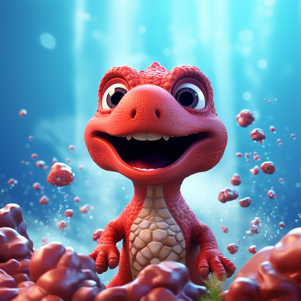 Cute red dinosaur kid with big eyes smiling joyfully.