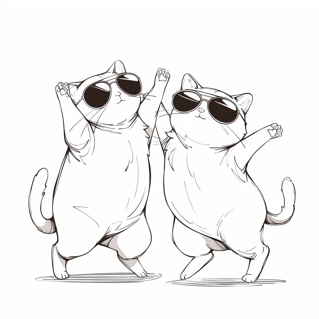 Cute silly cats dancing with sunglasses for kids to color.