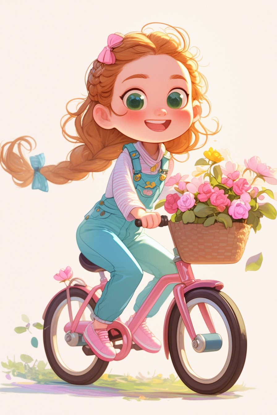 Cute smiling girl on bike with flowers.