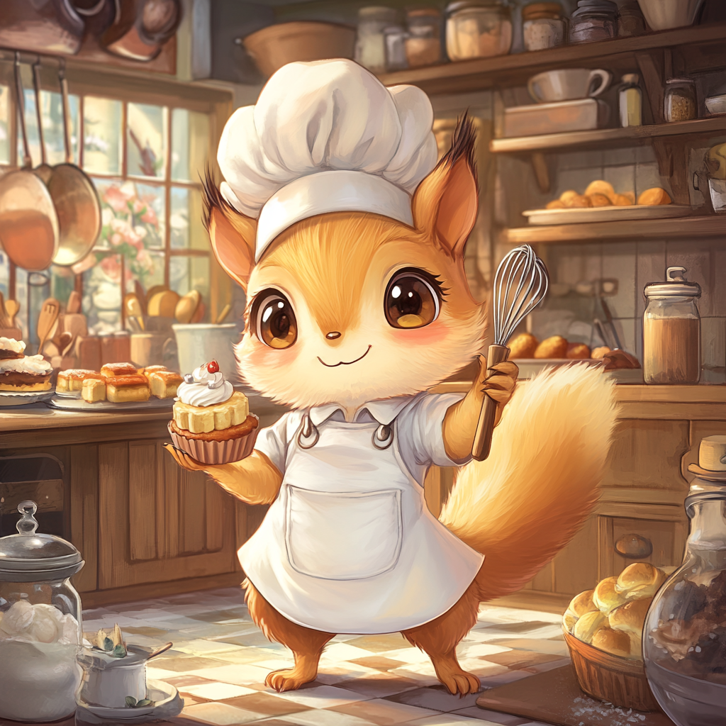 Cute squirrel dressed as pastry chef in bakery.