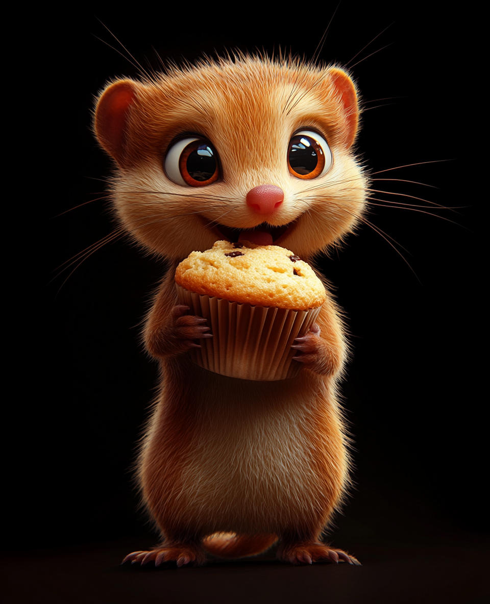 Cute weasel pulls muffin in funny cartoon style