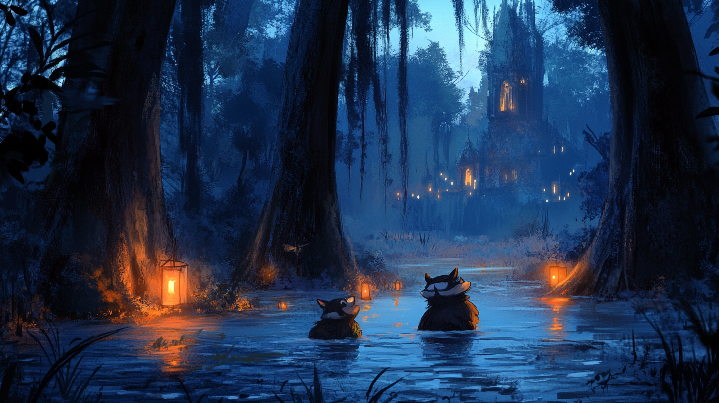 Cute wedding for raccoons in swamp-cathedral mix. Lanterns. Ink.