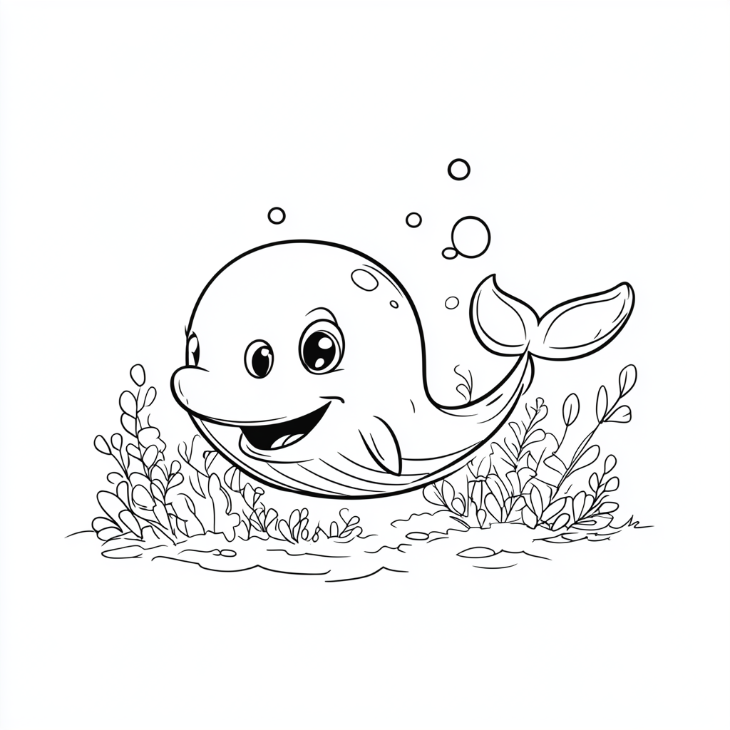 Cute whale illustration in black ink on white background.