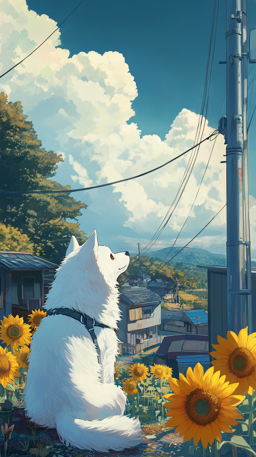 Cute white dog in Japanese countryside with sunflowers.