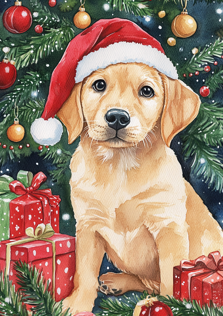 Cute yellow Labrador puppy in Santa hat on Christmas card