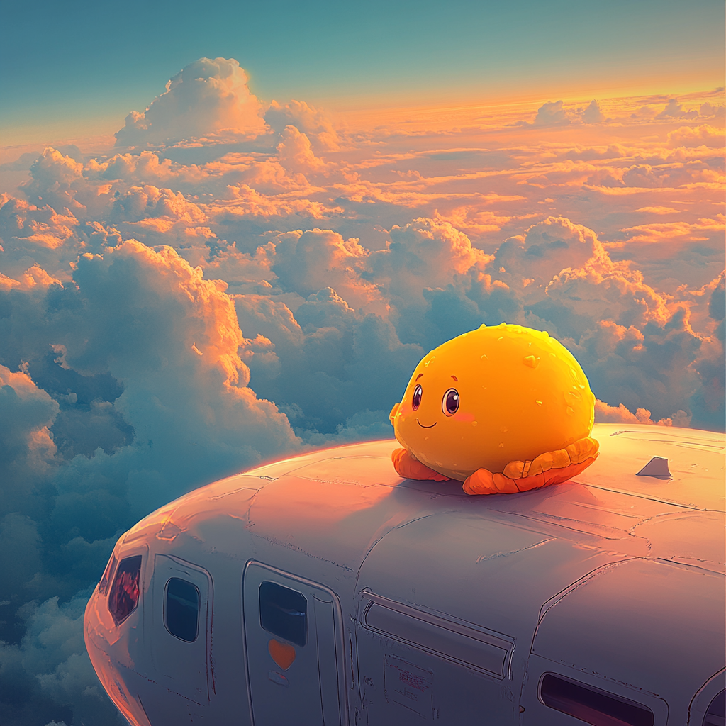 Cute yellow modak on airplane with cloudy sky view