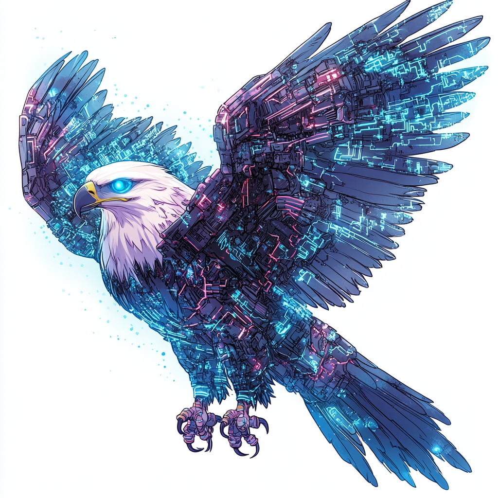 Cyber-enhanced eagle with metallic wings and glowing eyes.