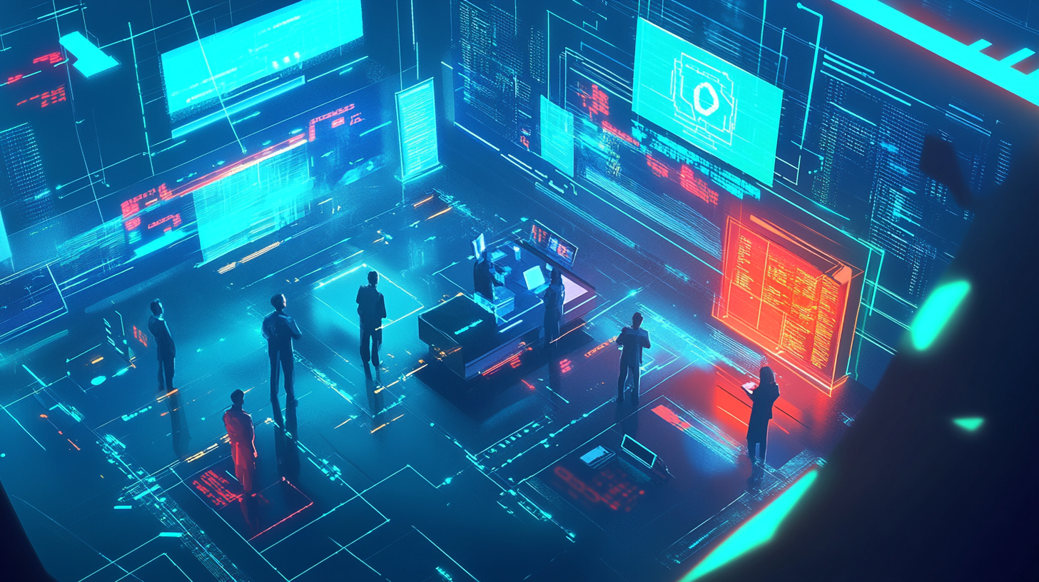 Cyber security team in futuristic workspace, dynamic and inviting