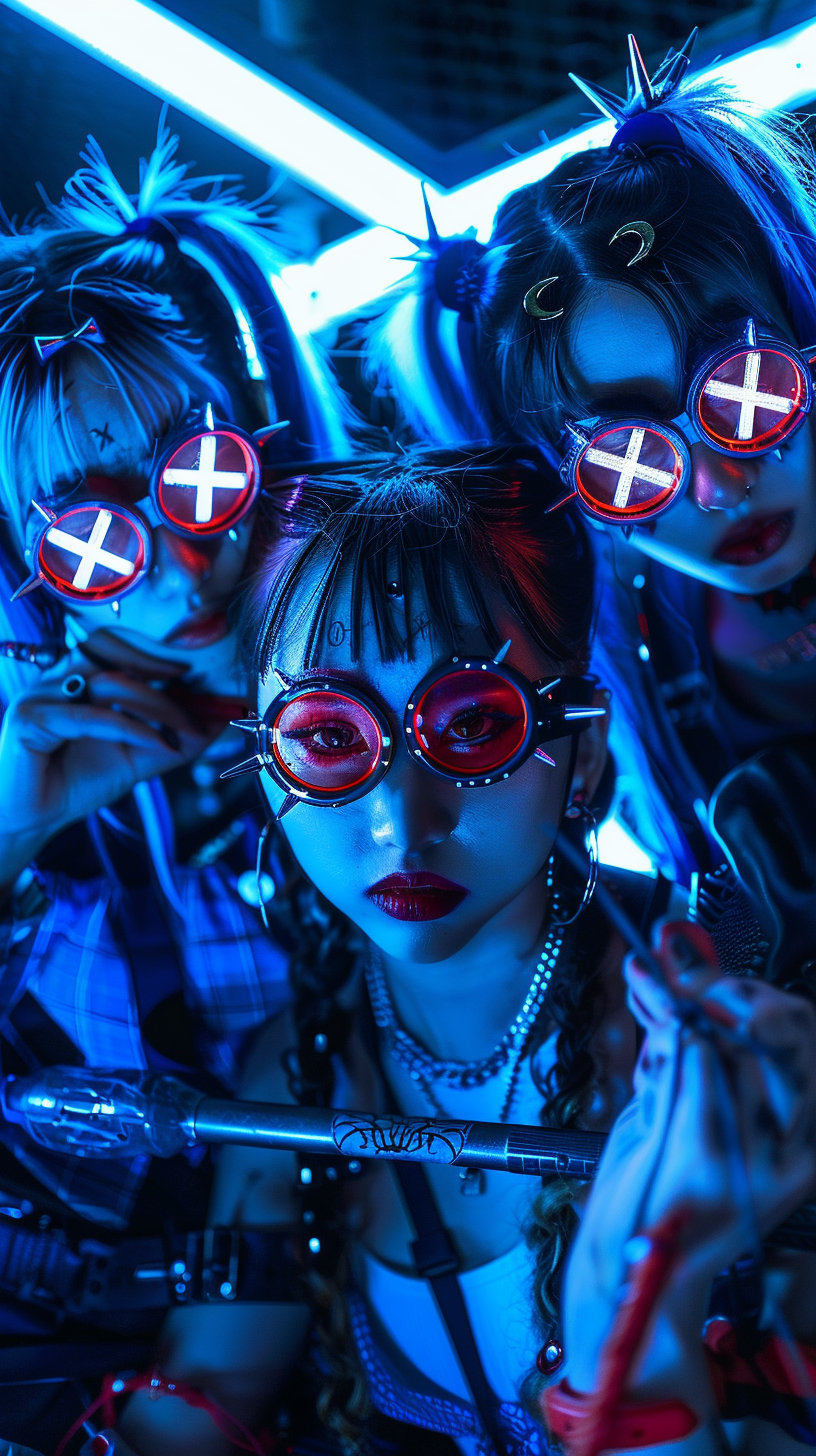 Cybergoth X girls with red tech goggles on ship.