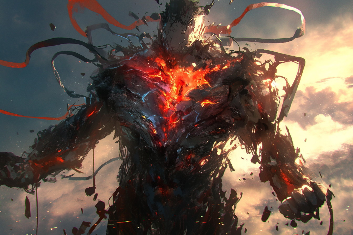 Cybernetic man chest explodes during thunderstorm, horror art style.