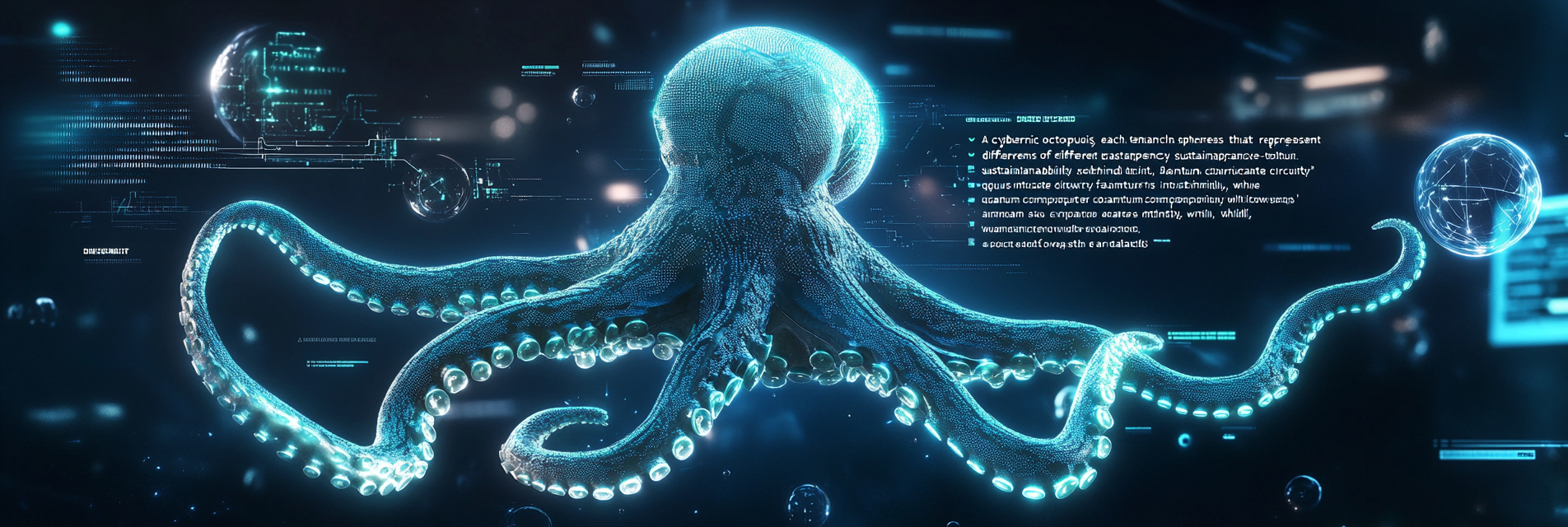 Cybernetic octopus connected to glowing spheres in void.