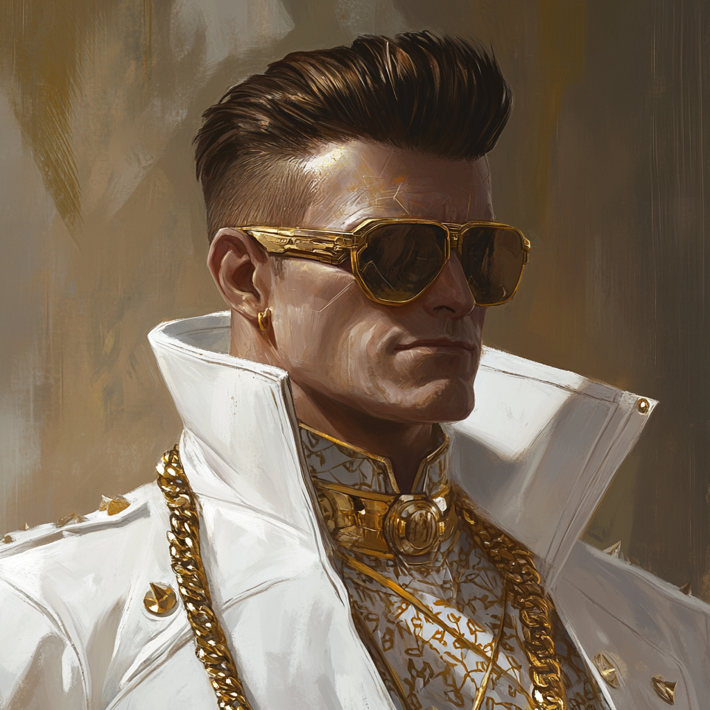 Cyberpunk Mafia captain with brown hair, aviator sunglasses.