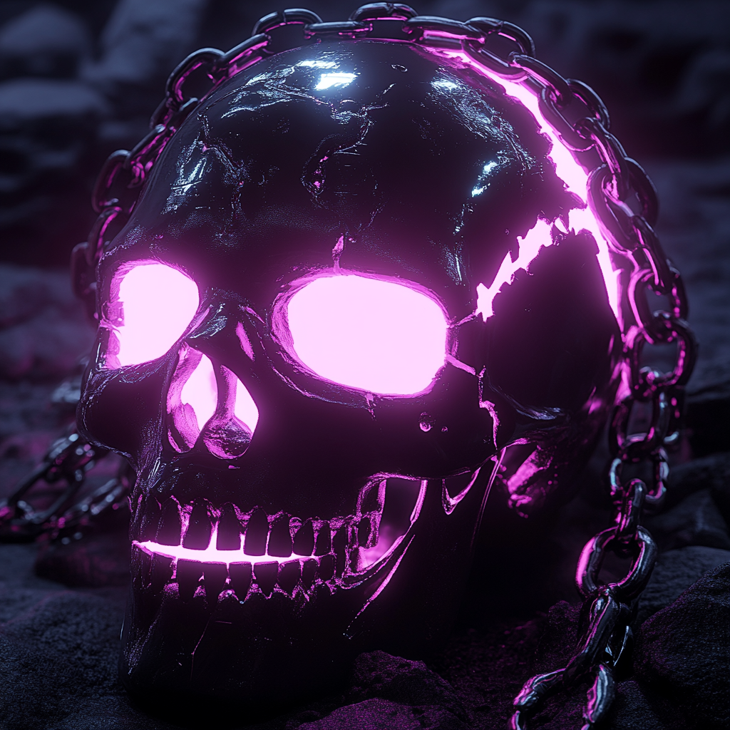 Cyberpunk anime skull with glowing eyes and chains.