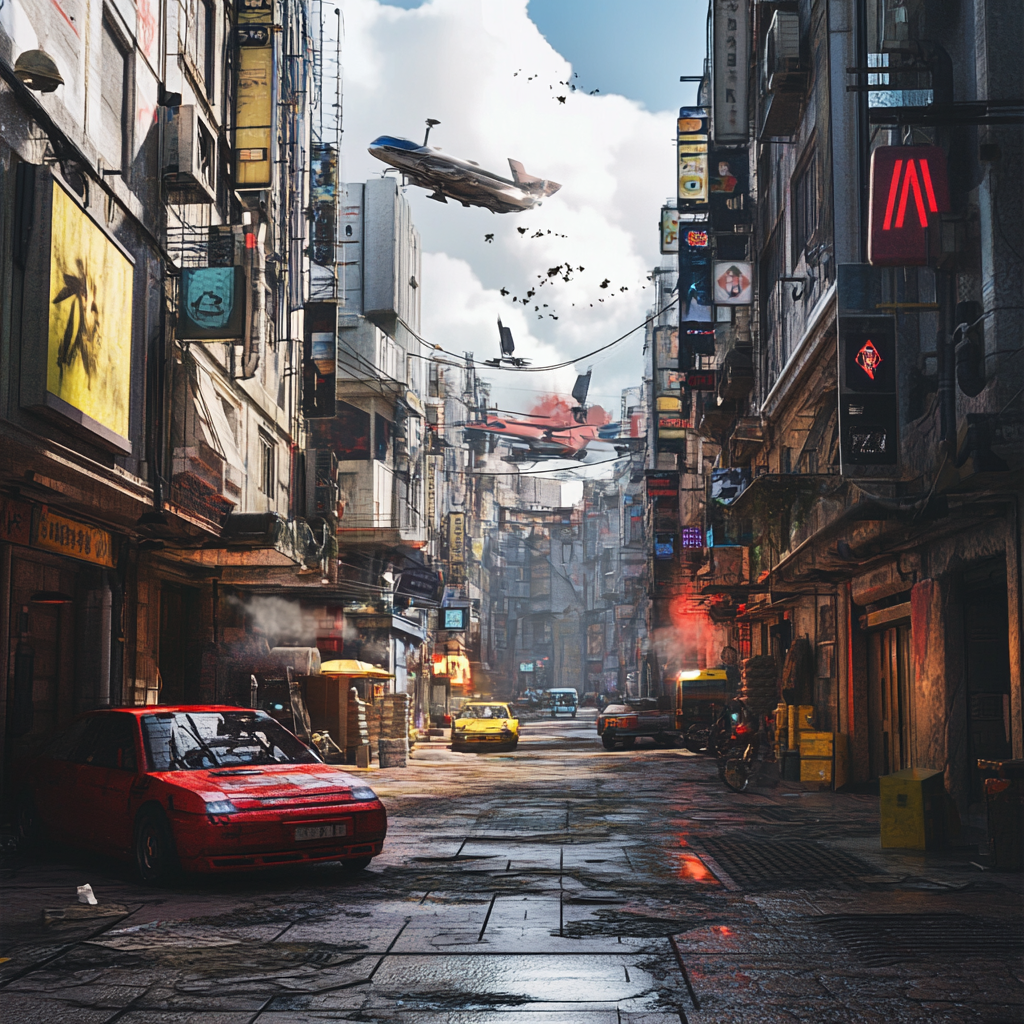 Cyberpunk city street in daytime with parked cars.