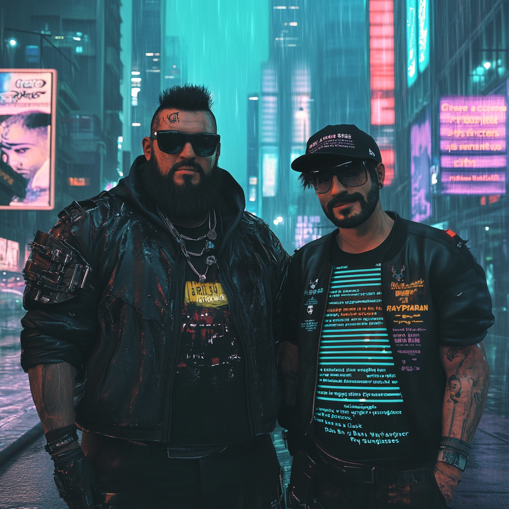 Cyberpunk city: rugged man and friendly companion stand together.