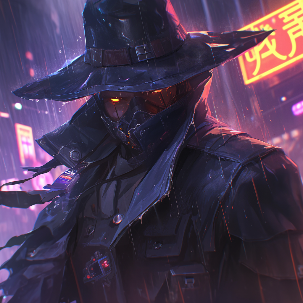 Cyberpunk detective in alley with futuristic hat and gadgets.