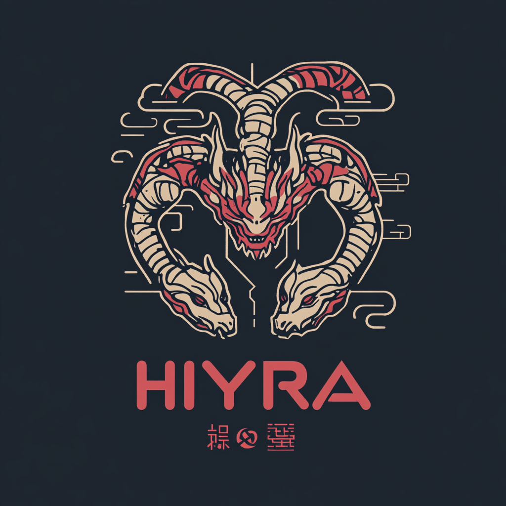 Cyberpunk hydra with Japanese woodblock elements logo design.