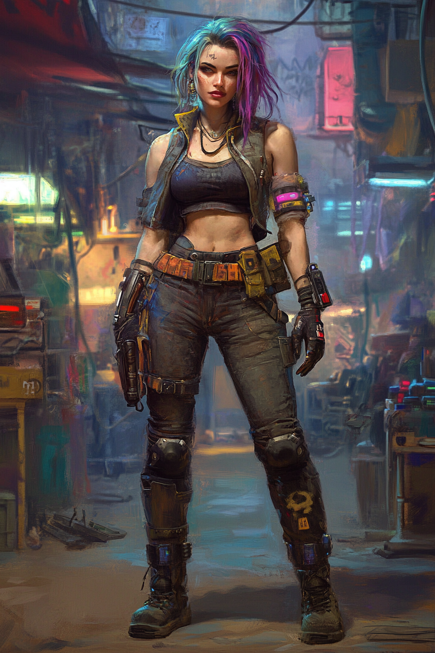 Cyberpunk mechanic girl in lit garage.