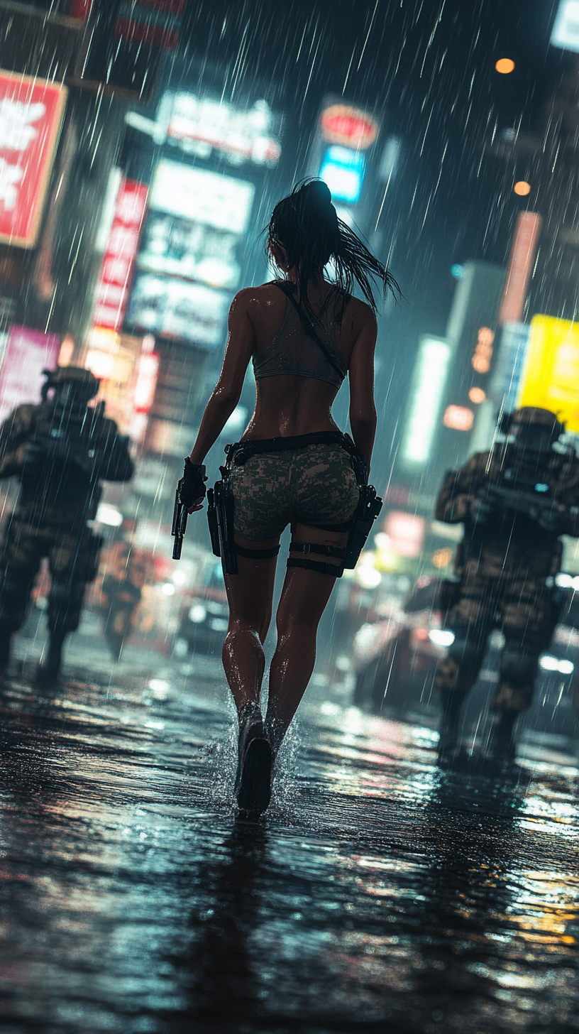 Cyberpunk neo-Tokyo with teenage girl running from swat.