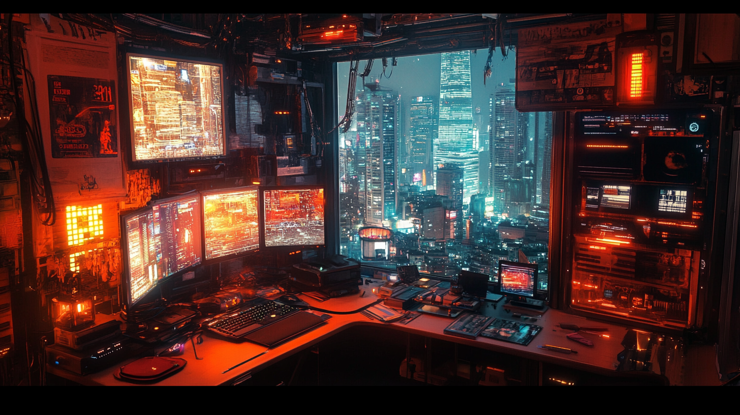 Cyberpunk room in high-rise overlooking futuristic cityscape