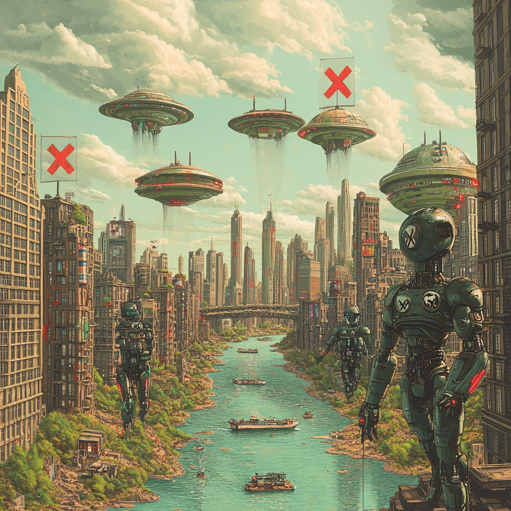 Cyborg Army with X Symbols and UFOs in Techno City